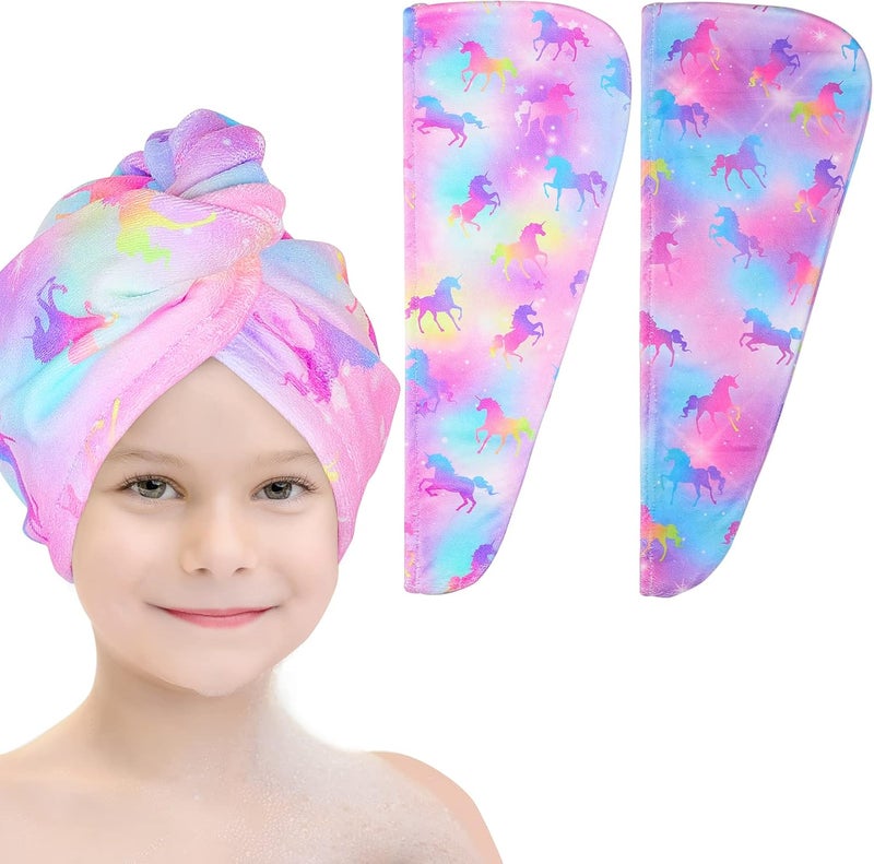 Basumee Microfiber Hair Towel Wrap for Kids 2 Pack Rapid Drying Hair Towel with Button Hair Turbans for Wet Hair Wraps Head Towel Wrap for Women and Girls, Colorful Unicorn - Image 1